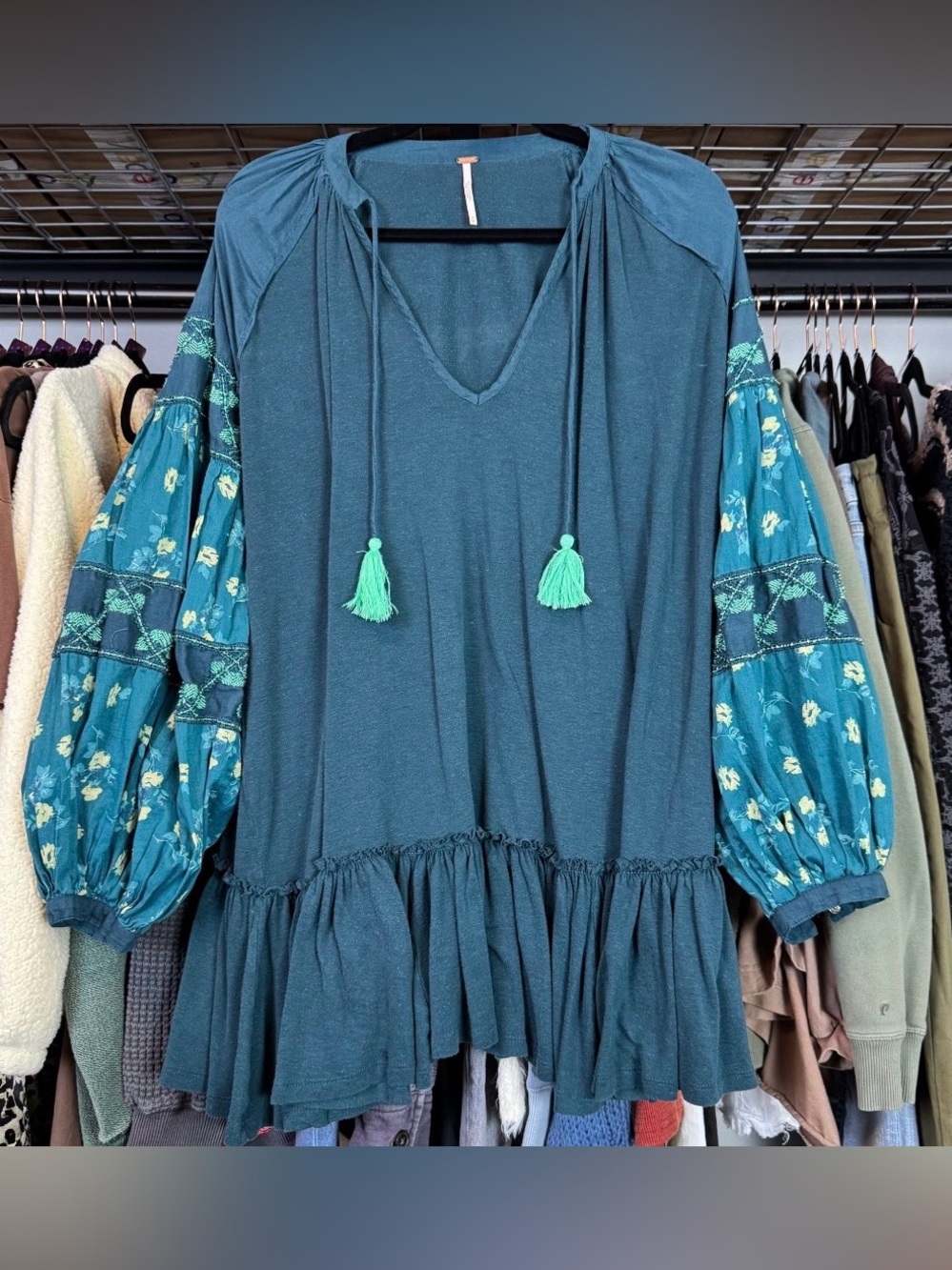 Free People Teal Boho Peasant Tunic with Floral Balloon Sleeves